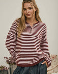 J.O.A Sweater BURGUNDY BUTTON HENLEY STRIPE LONG SLEEVE DROP SHOULDER SWEATER