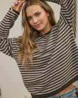 J.O.A Sweater BUTTON HENLEY STRIPE LONG SLEEVE DROP SHOULDER SWEATER
