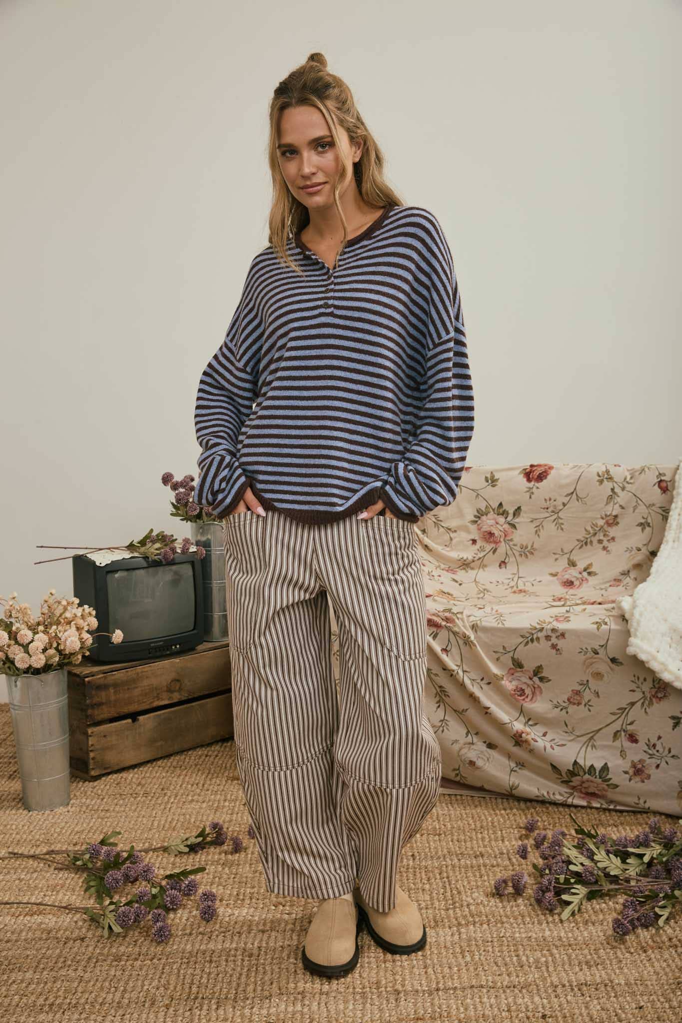 J.O.A Sweater BUTTON HENLEY STRIPE LONG SLEEVE DROP SHOULDER SWEATER