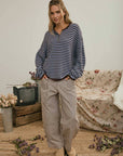 J.O.A Sweater BUTTON HENLEY STRIPE LONG SLEEVE DROP SHOULDER SWEATER