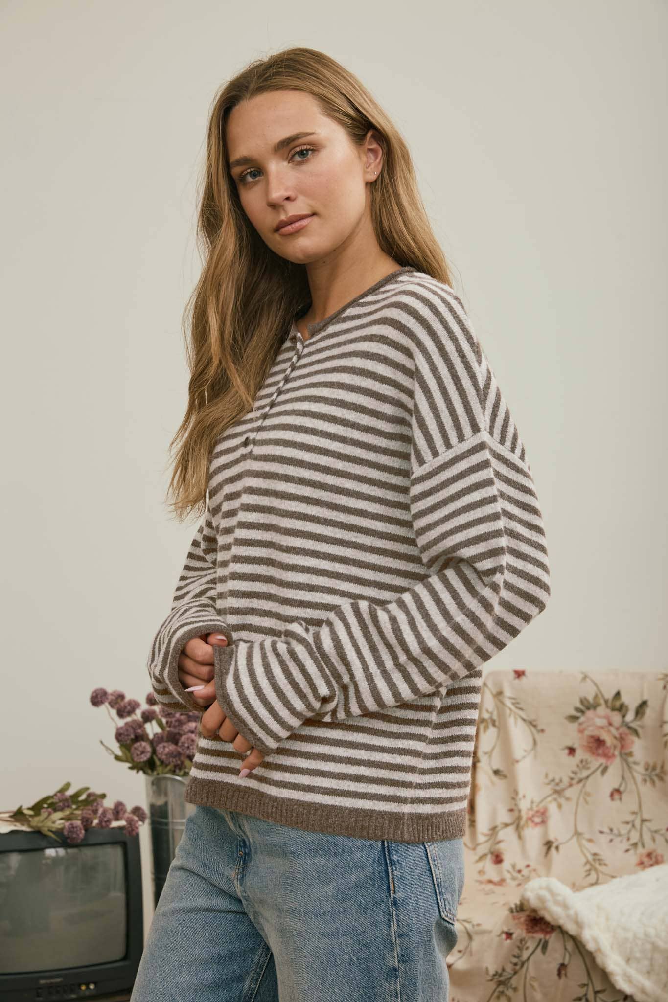J.O.A Sweater BUTTON HENLEY STRIPE LONG SLEEVE DROP SHOULDER SWEATER