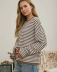 J.O.A Sweater BUTTON HENLEY STRIPE LONG SLEEVE DROP SHOULDER SWEATER