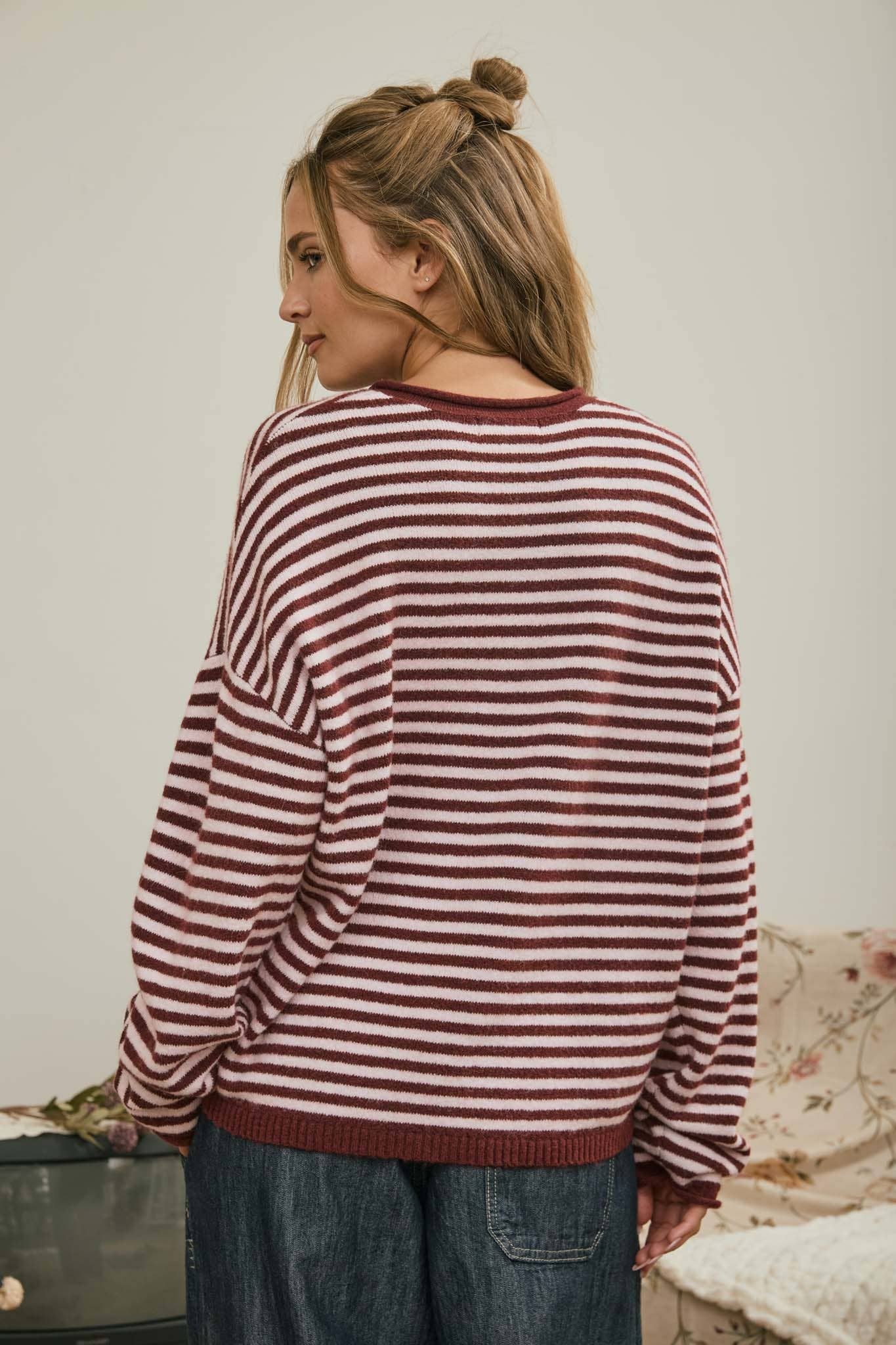 J.O.A Sweater BUTTON HENLEY STRIPE LONG SLEEVE DROP SHOULDER SWEATER