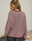 J.O.A Sweater BUTTON HENLEY STRIPE LONG SLEEVE DROP SHOULDER SWEATER
