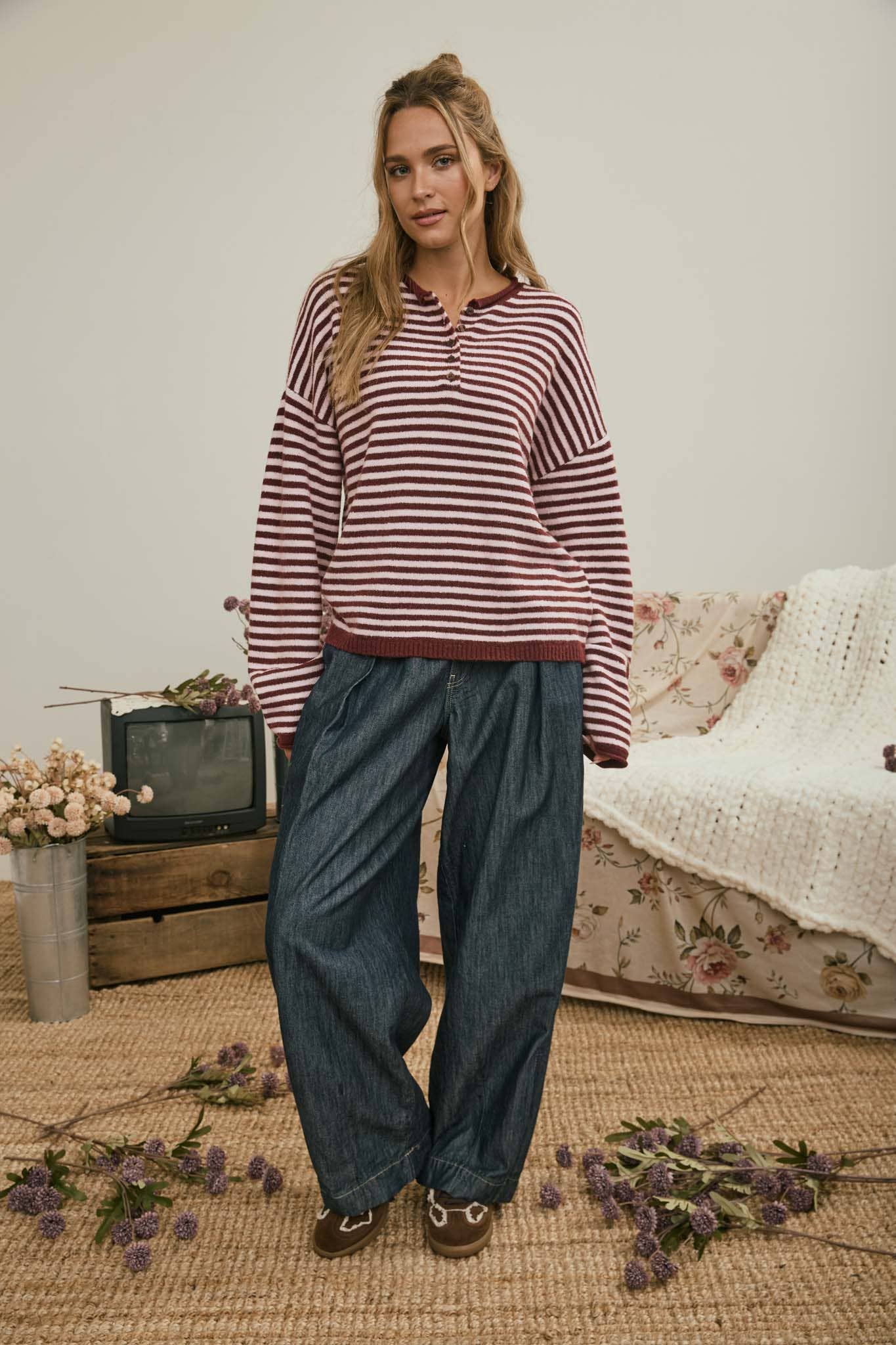 J.O.A Sweater BUTTON HENLEY STRIPE LONG SLEEVE DROP SHOULDER SWEATER