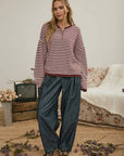 J.O.A Sweater BUTTON HENLEY STRIPE LONG SLEEVE DROP SHOULDER SWEATER