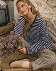J.O.A Sweater BUTTON HENLEY STRIPE LONG SLEEVE DROP SHOULDER SWEATER