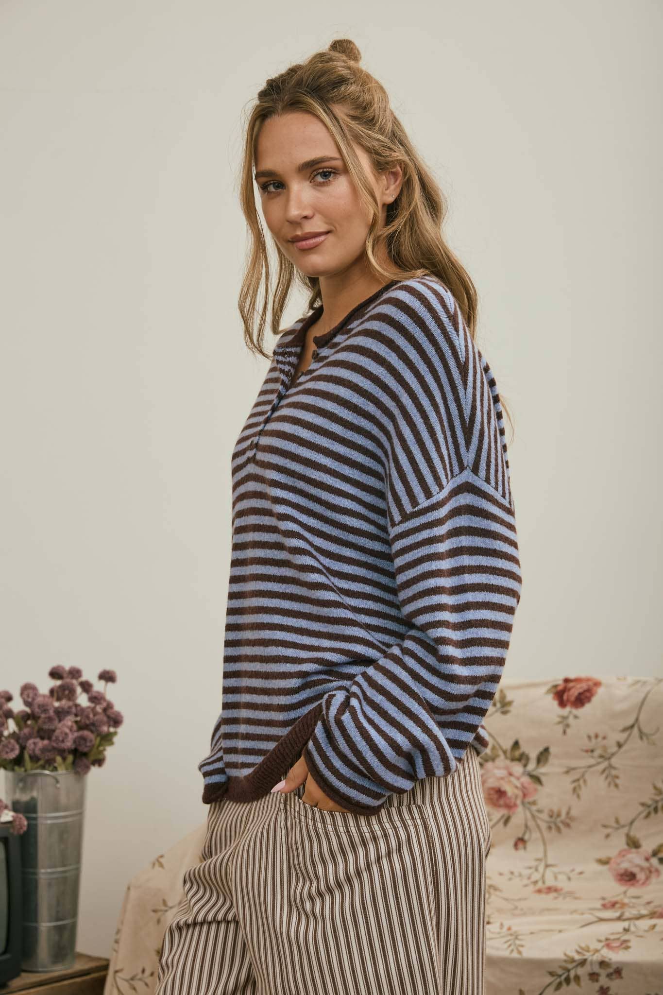 J.O.A Sweater BUTTON HENLEY STRIPE LONG SLEEVE DROP SHOULDER SWEATER