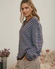 J.O.A Sweater BUTTON HENLEY STRIPE LONG SLEEVE DROP SHOULDER SWEATER