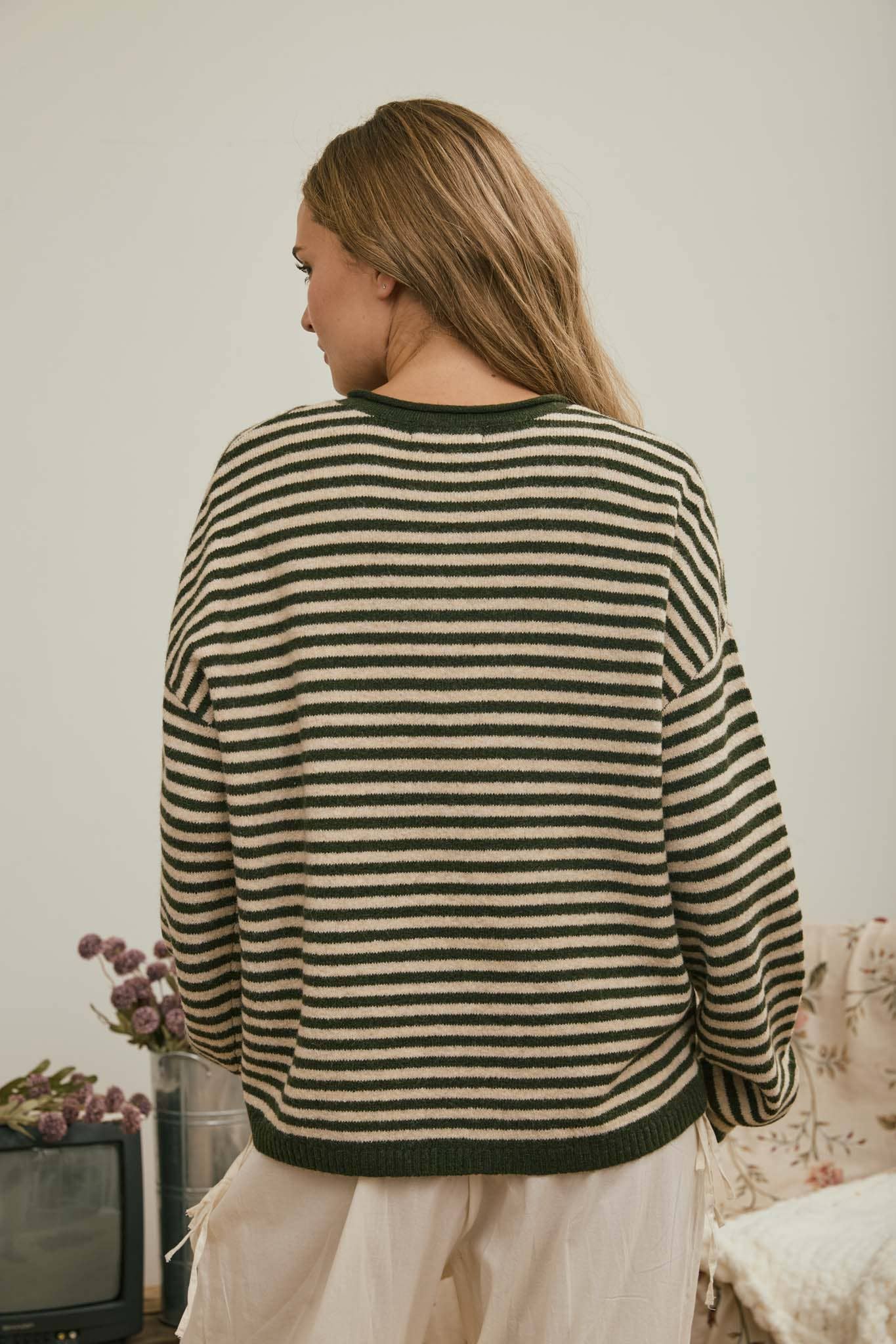 J.O.A Sweater BUTTON HENLEY STRIPE LONG SLEEVE DROP SHOULDER SWEATER