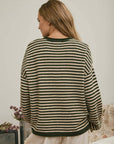 J.O.A Sweater BUTTON HENLEY STRIPE LONG SLEEVE DROP SHOULDER SWEATER