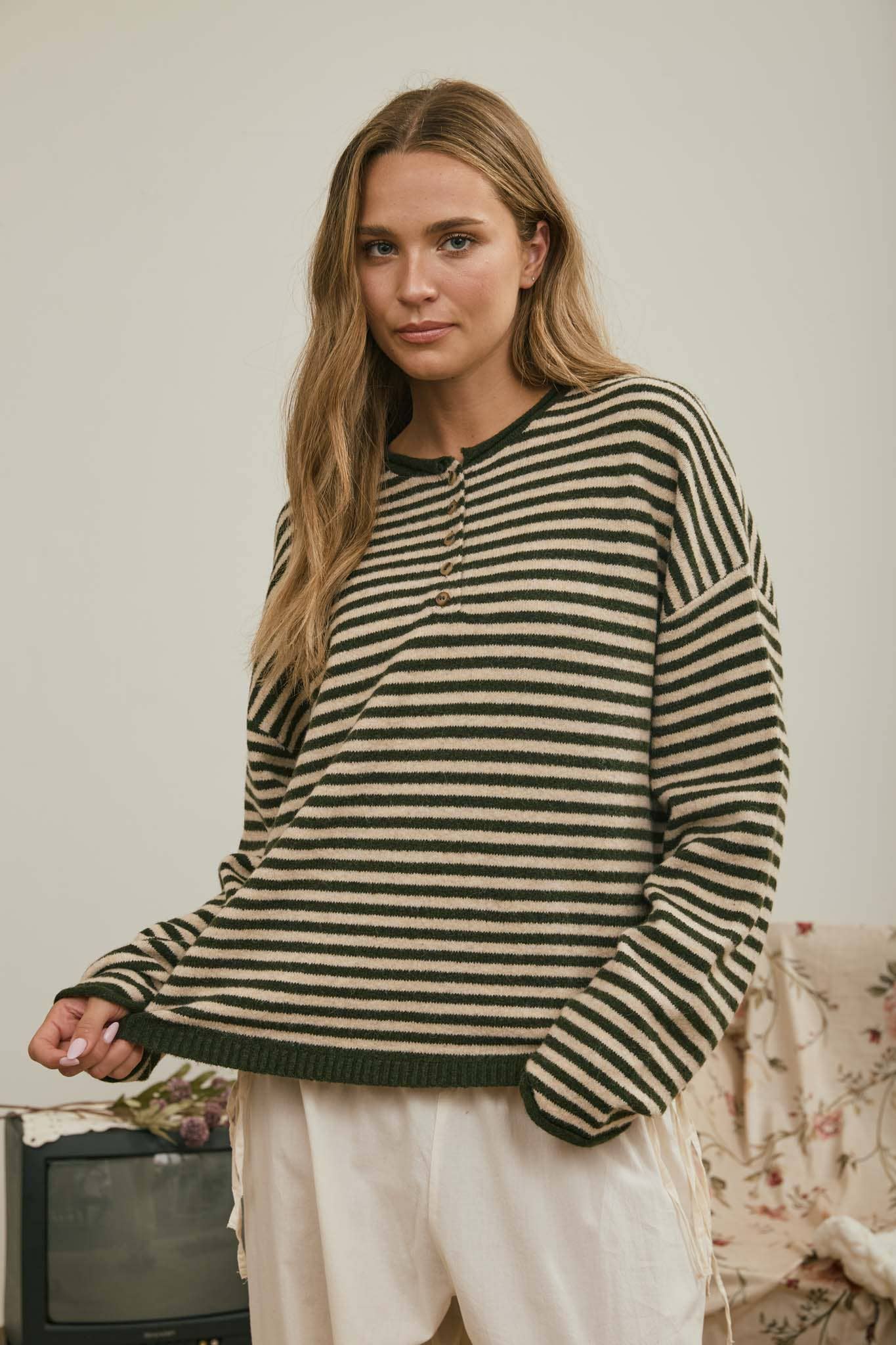 J.O.A Sweater BUTTON HENLEY STRIPE LONG SLEEVE DROP SHOULDER SWEATER