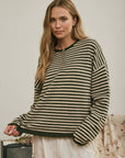 J.O.A Sweater BUTTON HENLEY STRIPE LONG SLEEVE DROP SHOULDER SWEATER