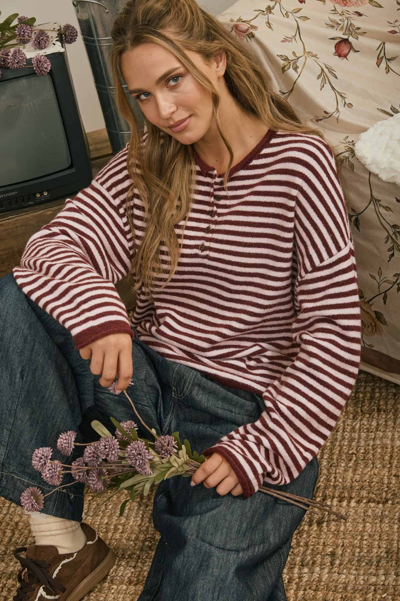 J.O.A Sweater BUTTON HENLEY STRIPE LONG SLEEVE DROP SHOULDER SWEATER