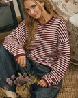 J.O.A Sweater BUTTON HENLEY STRIPE LONG SLEEVE DROP SHOULDER SWEATER