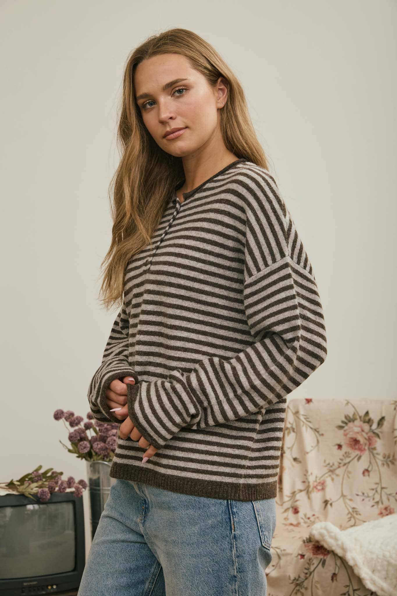 J.O.A Sweater BUTTON HENLEY STRIPE LONG SLEEVE DROP SHOULDER SWEATER