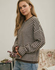 J.O.A Sweater BUTTON HENLEY STRIPE LONG SLEEVE DROP SHOULDER SWEATER