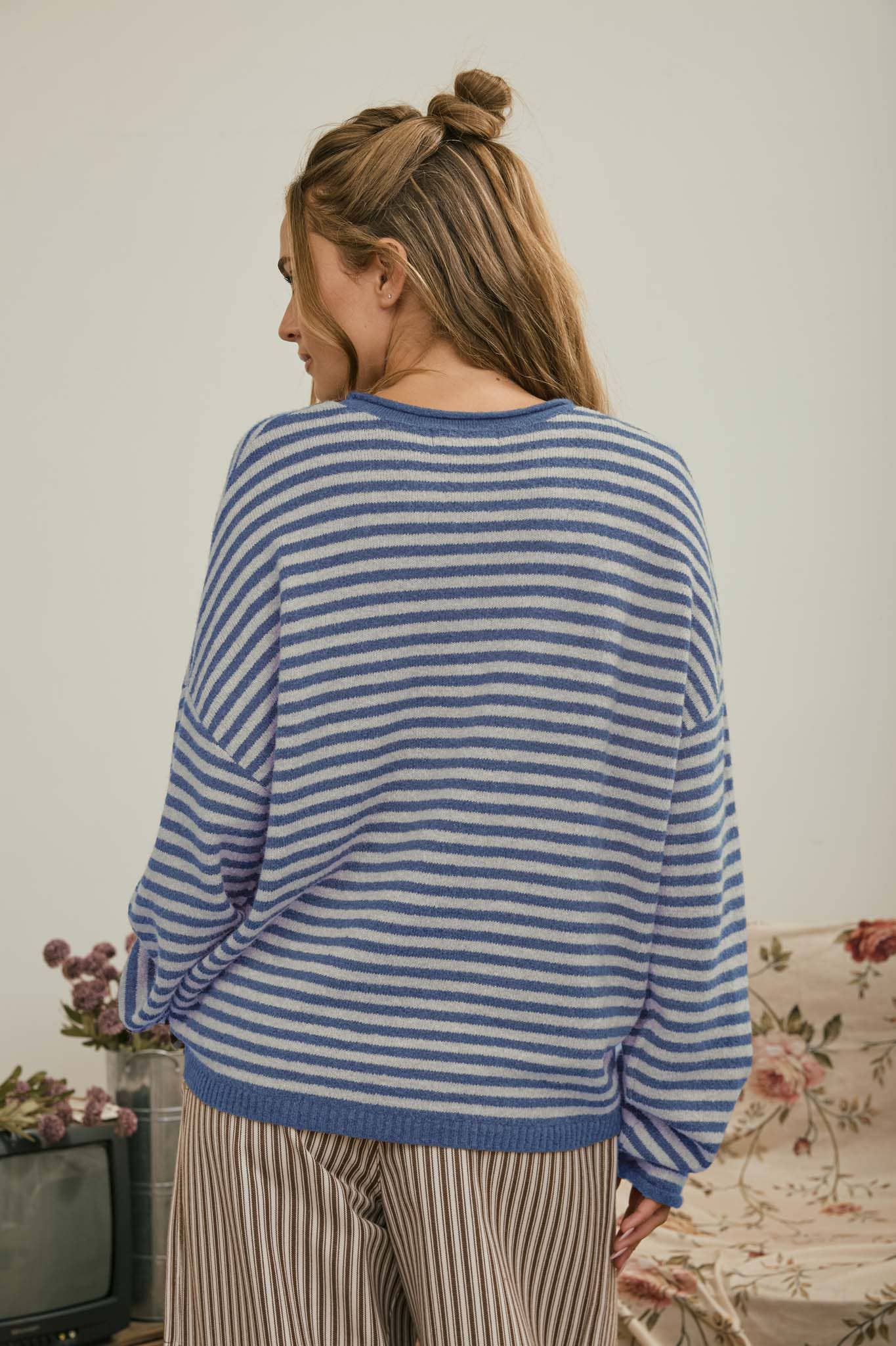 J.O.A Sweater BUTTON HENLEY STRIPE LONG SLEEVE DROP SHOULDER SWEATER