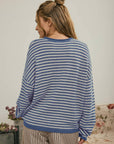 J.O.A Sweater BUTTON HENLEY STRIPE LONG SLEEVE DROP SHOULDER SWEATER