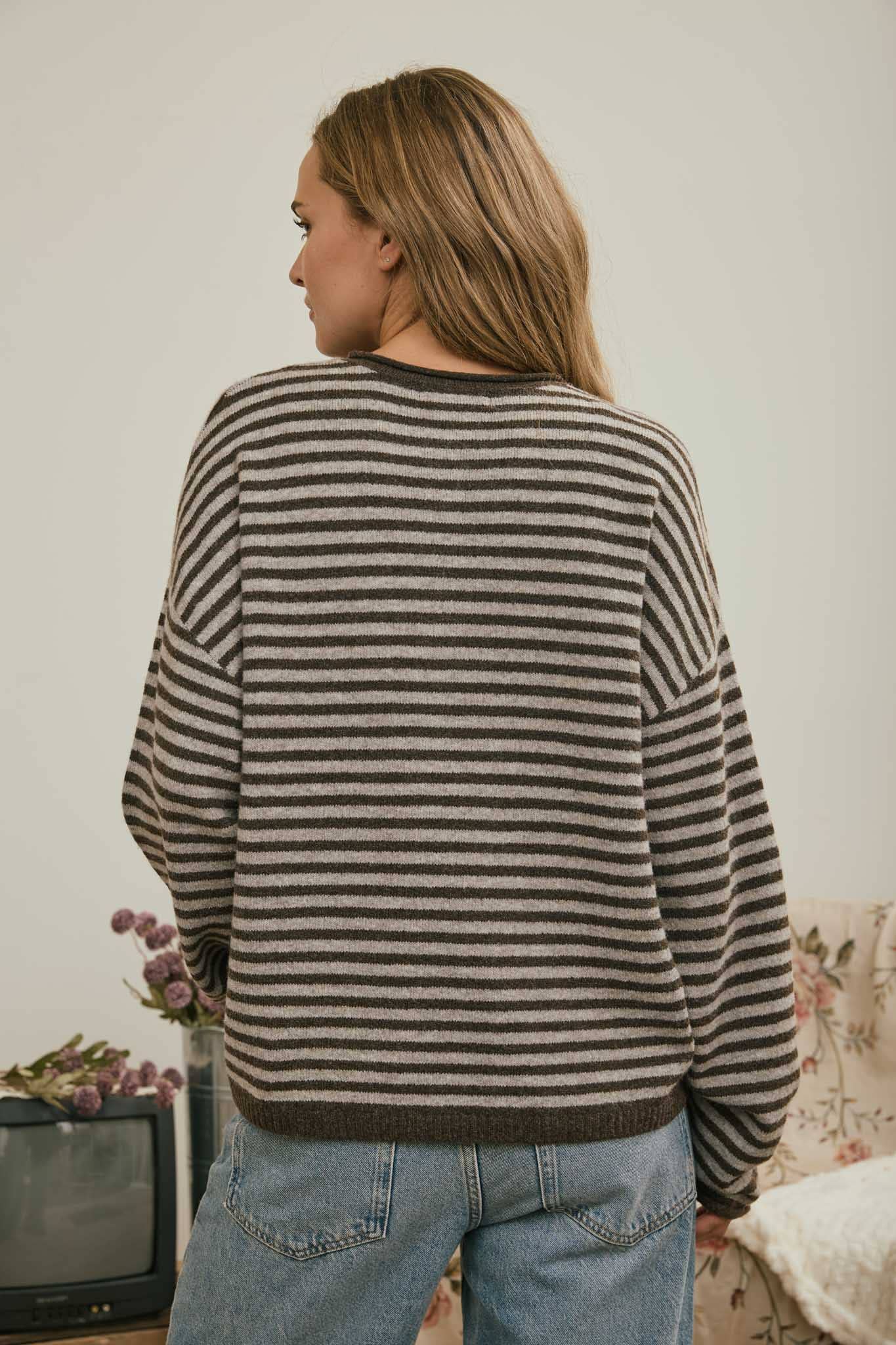 J.O.A Sweater BUTTON HENLEY STRIPE LONG SLEEVE DROP SHOULDER SWEATER