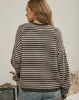 J.O.A Sweater BUTTON HENLEY STRIPE LONG SLEEVE DROP SHOULDER SWEATER