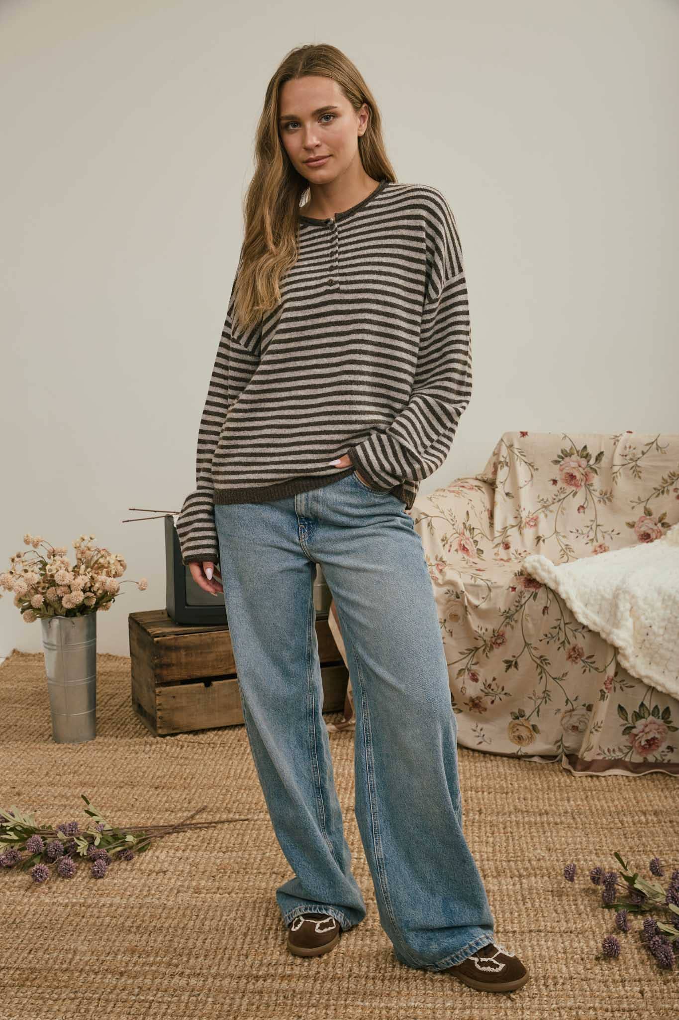J.O.A Sweater BUTTON HENLEY STRIPE LONG SLEEVE DROP SHOULDER SWEATER