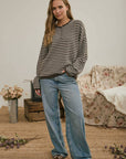 J.O.A Sweater BUTTON HENLEY STRIPE LONG SLEEVE DROP SHOULDER SWEATER