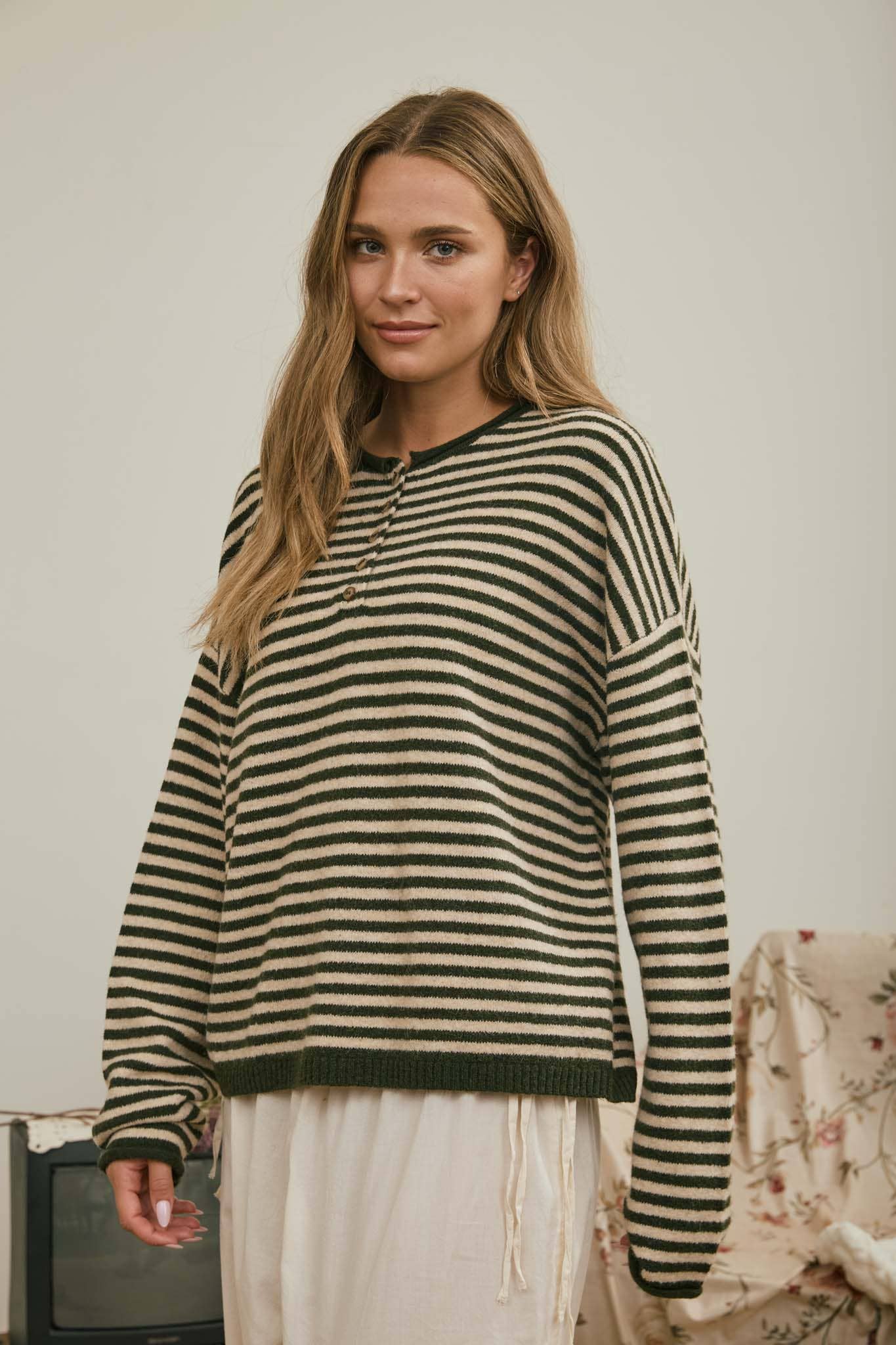 J.O.A Sweater BUTTON HENLEY STRIPE LONG SLEEVE DROP SHOULDER SWEATER