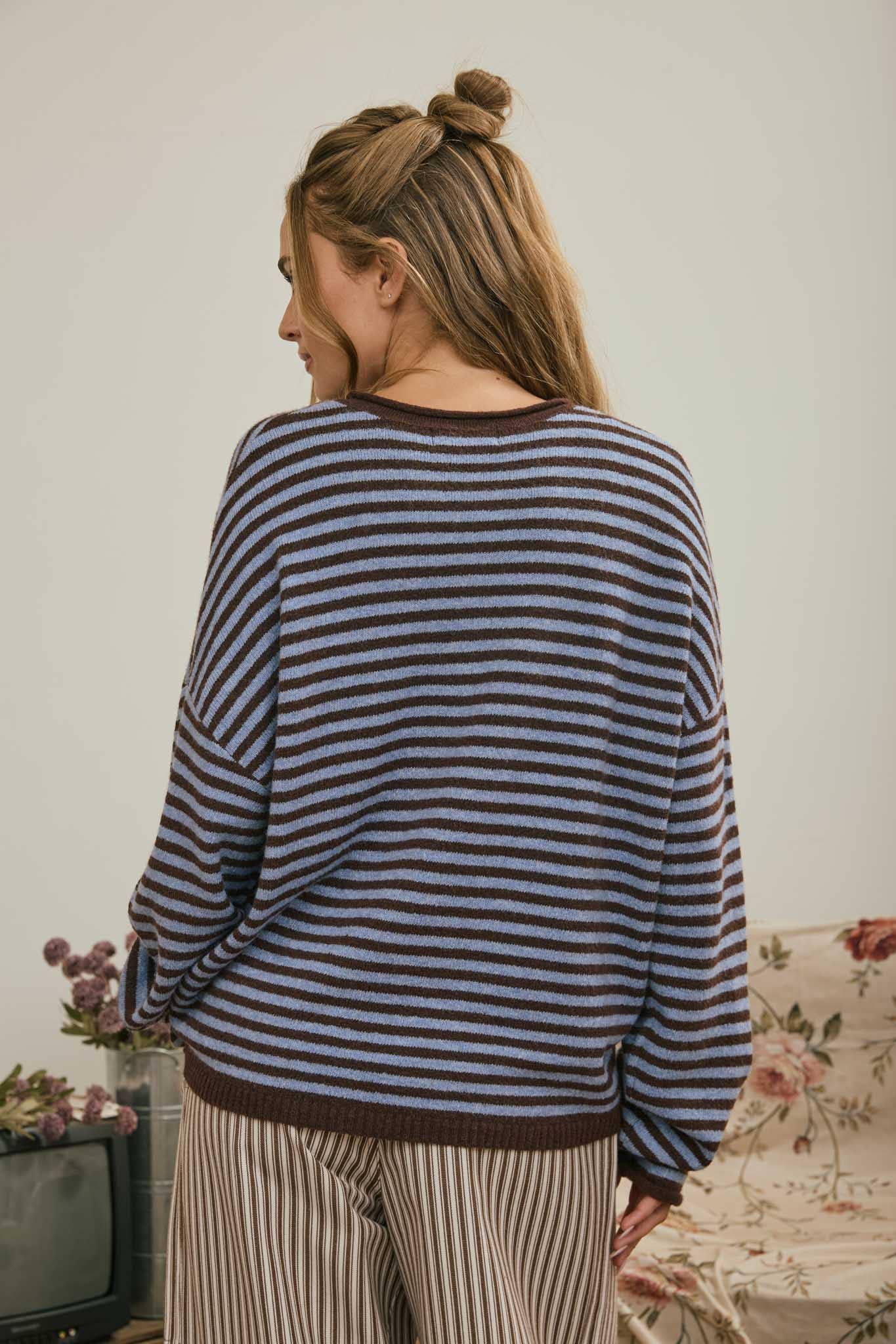J.O.A Sweater BUTTON HENLEY STRIPE LONG SLEEVE DROP SHOULDER SWEATER