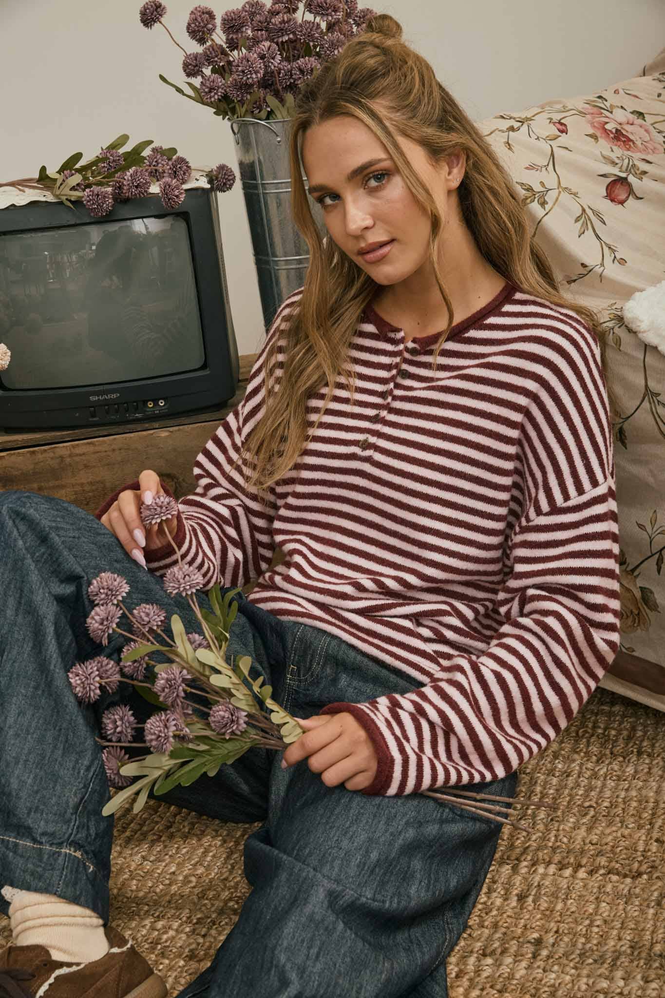 J.O.A Sweater BUTTON HENLEY STRIPE LONG SLEEVE DROP SHOULDER SWEATER