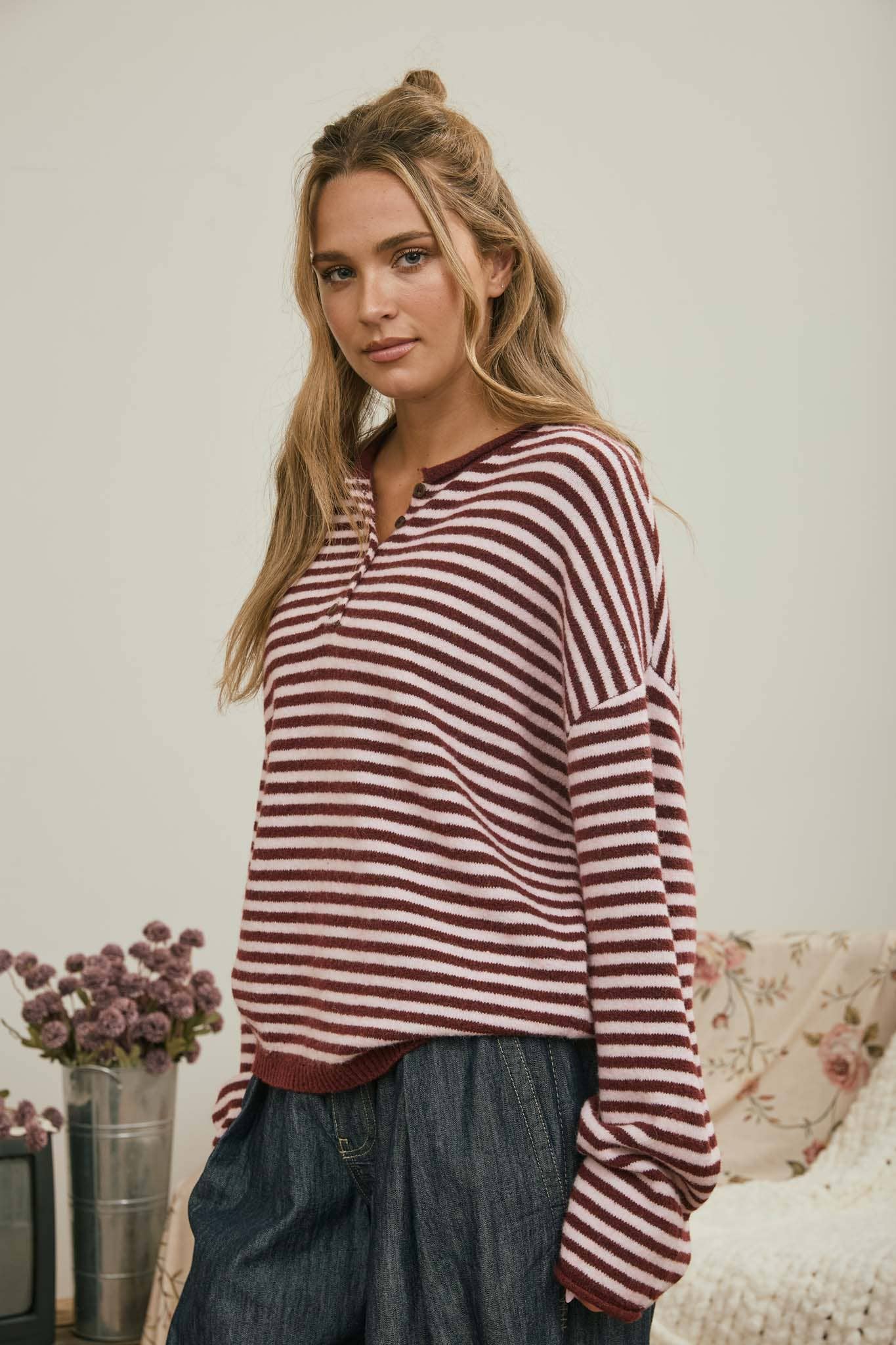 J.O.A Sweater BUTTON HENLEY STRIPE LONG SLEEVE DROP SHOULDER SWEATER