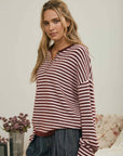 J.O.A Sweater BUTTON HENLEY STRIPE LONG SLEEVE DROP SHOULDER SWEATER
