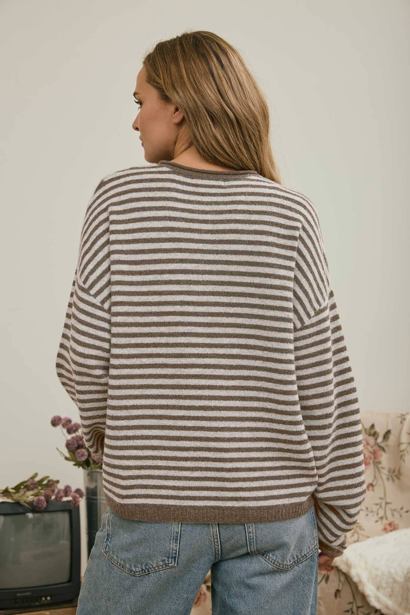 J.O.A Sweater BUTTON HENLEY STRIPE LONG SLEEVE DROP SHOULDER SWEATER