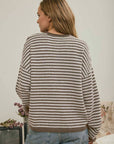 J.O.A Sweater BUTTON HENLEY STRIPE LONG SLEEVE DROP SHOULDER SWEATER