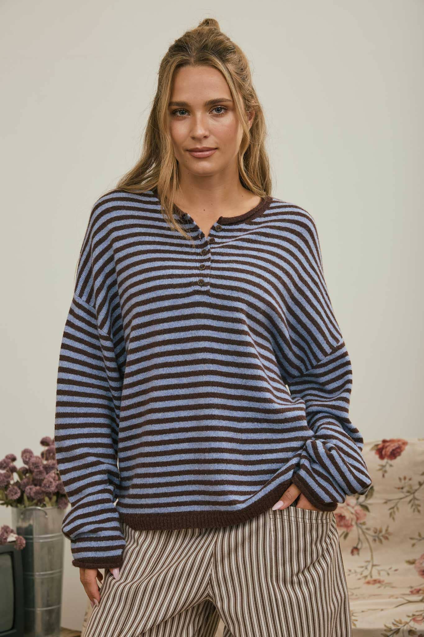 J.O.A Sweater CHOCOLATE BROWN BUTTON HENLEY STRIPE LONG SLEEVE DROP SHOULDER SWEATER
