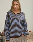J.O.A Sweater CHOCOLATE BROWN BUTTON HENLEY STRIPE LONG SLEEVE DROP SHOULDER SWEATER