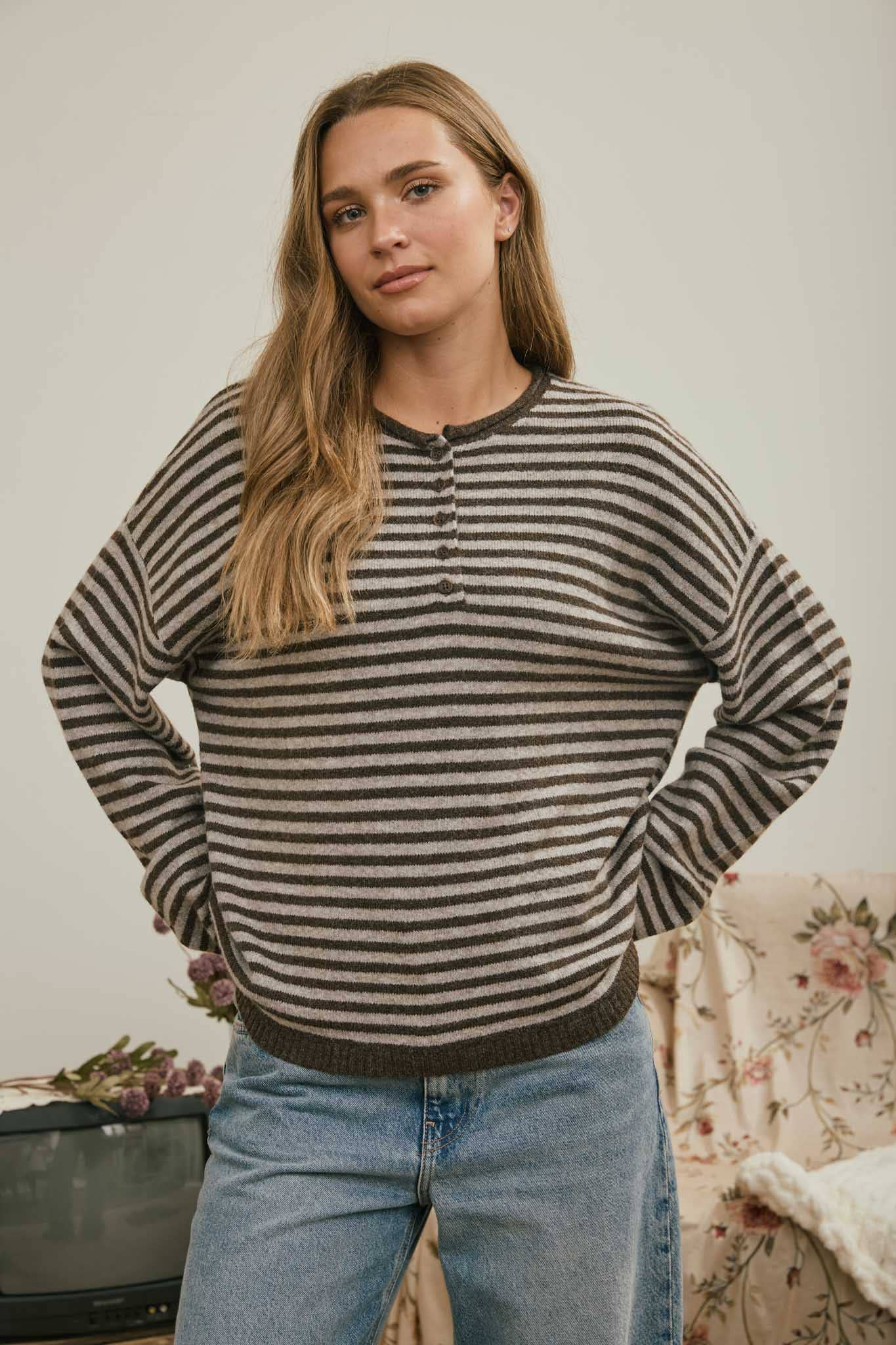 J.O.A Sweater DEEP BROWN BUTTON HENLEY STRIPE LONG SLEEVE DROP SHOULDER SWEATER