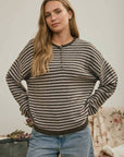 J.O.A Sweater DEEP BROWN BUTTON HENLEY STRIPE LONG SLEEVE DROP SHOULDER SWEATER