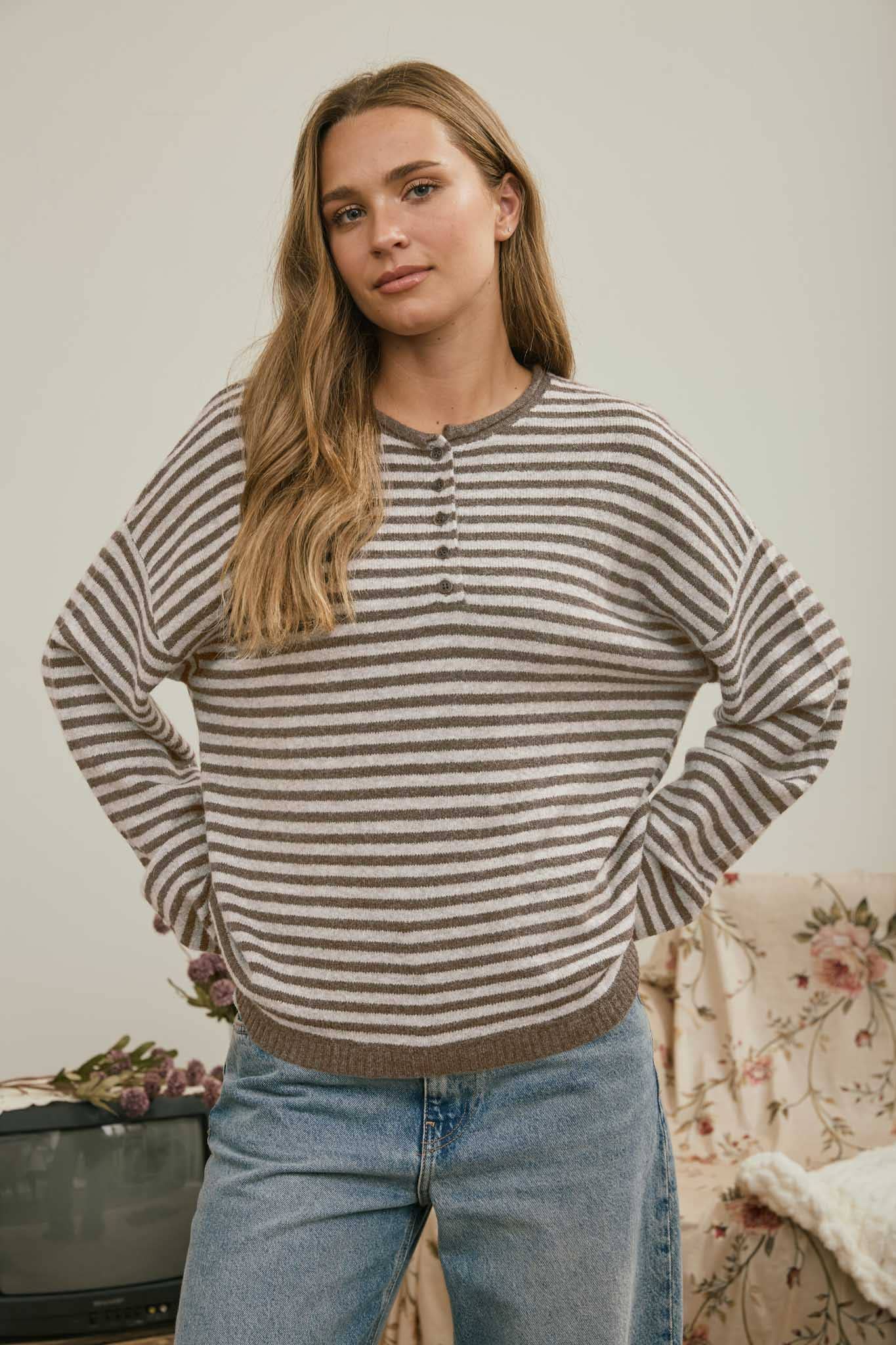 J.O.A Sweater MOCHA BUTTON HENLEY STRIPE LONG SLEEVE DROP SHOULDER SWEATER