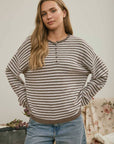 J.O.A Sweater MOCHA BUTTON HENLEY STRIPE LONG SLEEVE DROP SHOULDER SWEATER