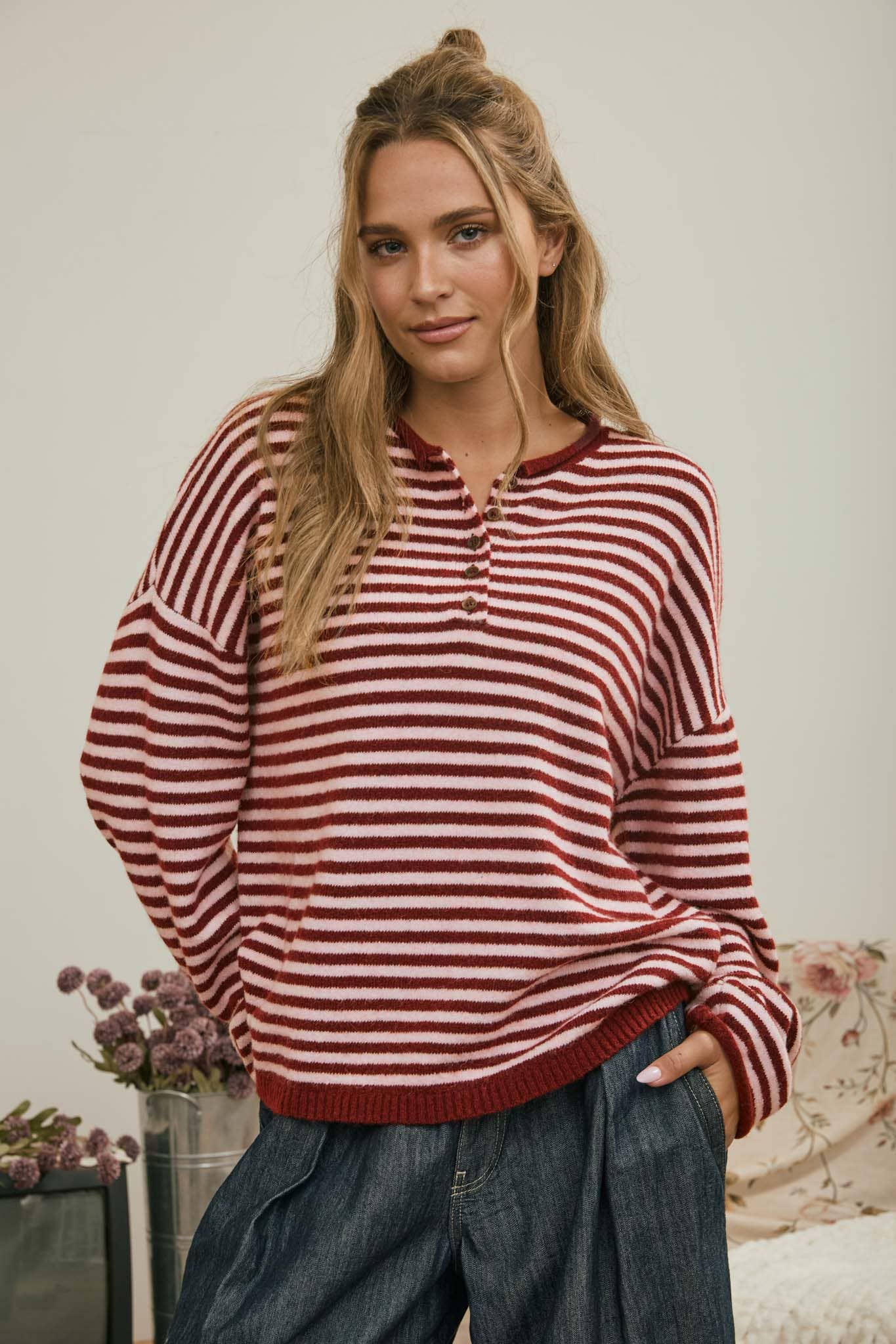 J.O.A Sweater RED BUTTON HENLEY STRIPE LONG SLEEVE DROP SHOULDER SWEATER