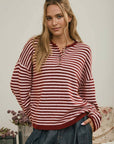 J.O.A Sweater RED BUTTON HENLEY STRIPE LONG SLEEVE DROP SHOULDER SWEATER