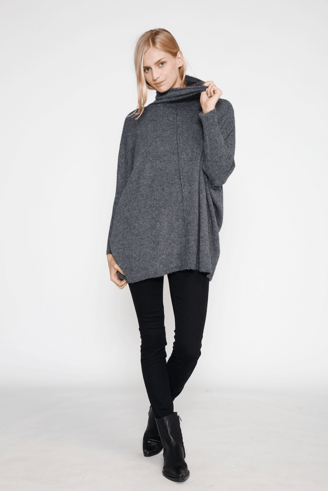 Look by M Sweater Charcoal Front Seam Turtleneck Sweater