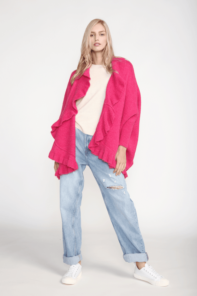 Look by M Sweater Hot Pink Ruffle Edge Open Front Cardigan