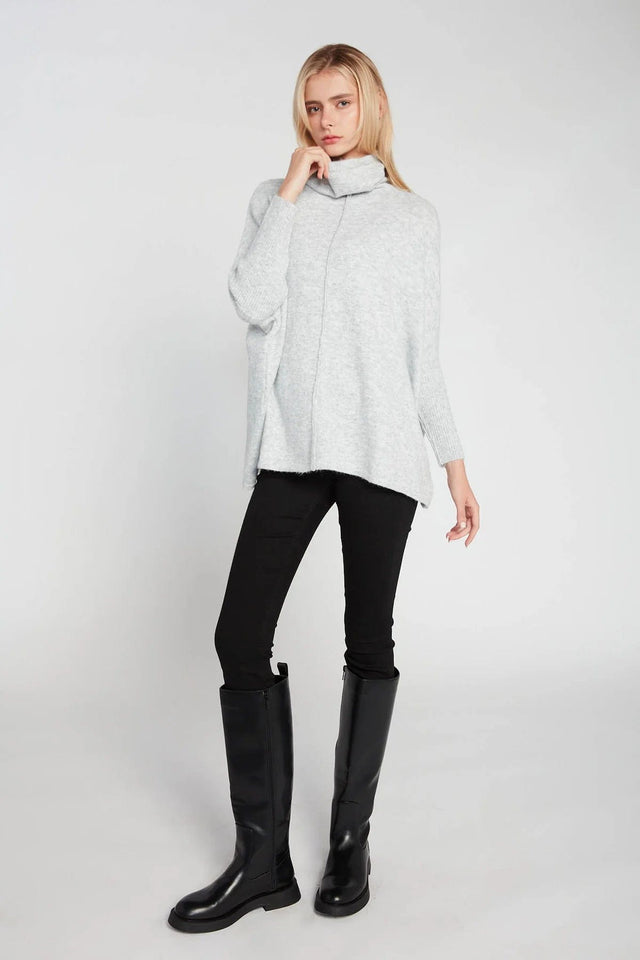 Look by M Sweater Light Grey Front Seam Turtleneck Sweater