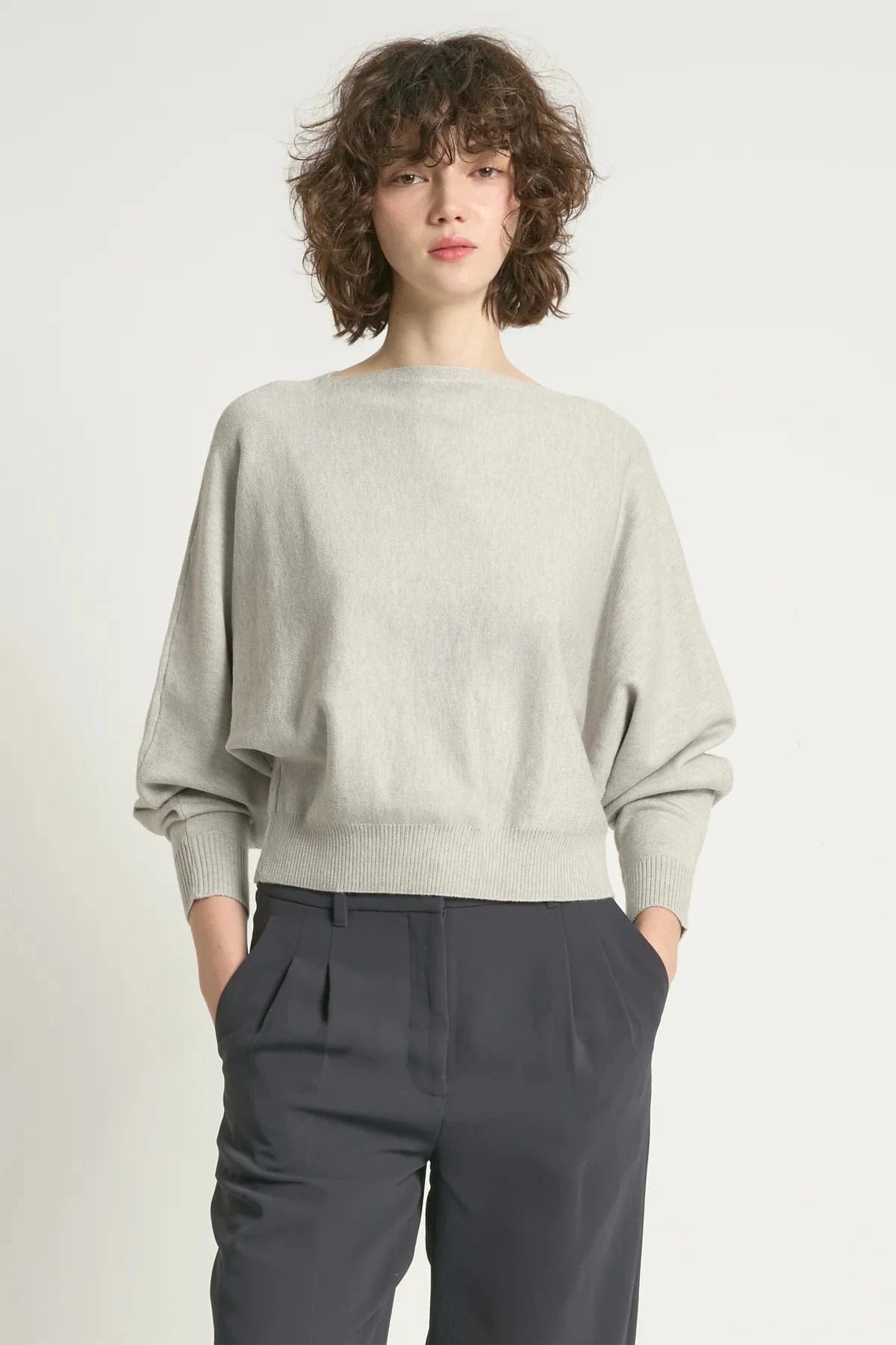 Look By M Sweater One size Aura Longsleeve Crop Sweater - Stone Grey