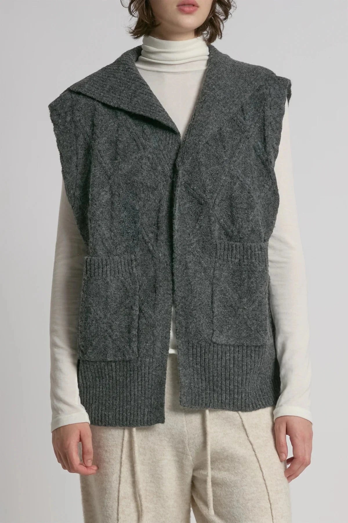 Look By M Sweater One Size Cable Knit Open Front Sweater Vest - Charcoal