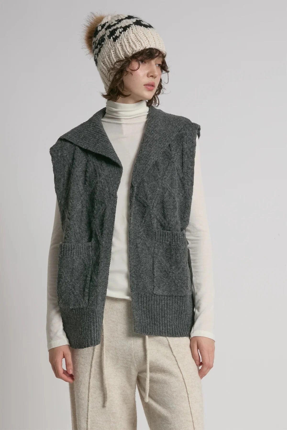 Look By M Sweater One Size Cable Knit Open Front Sweater Vest - Charcoal
