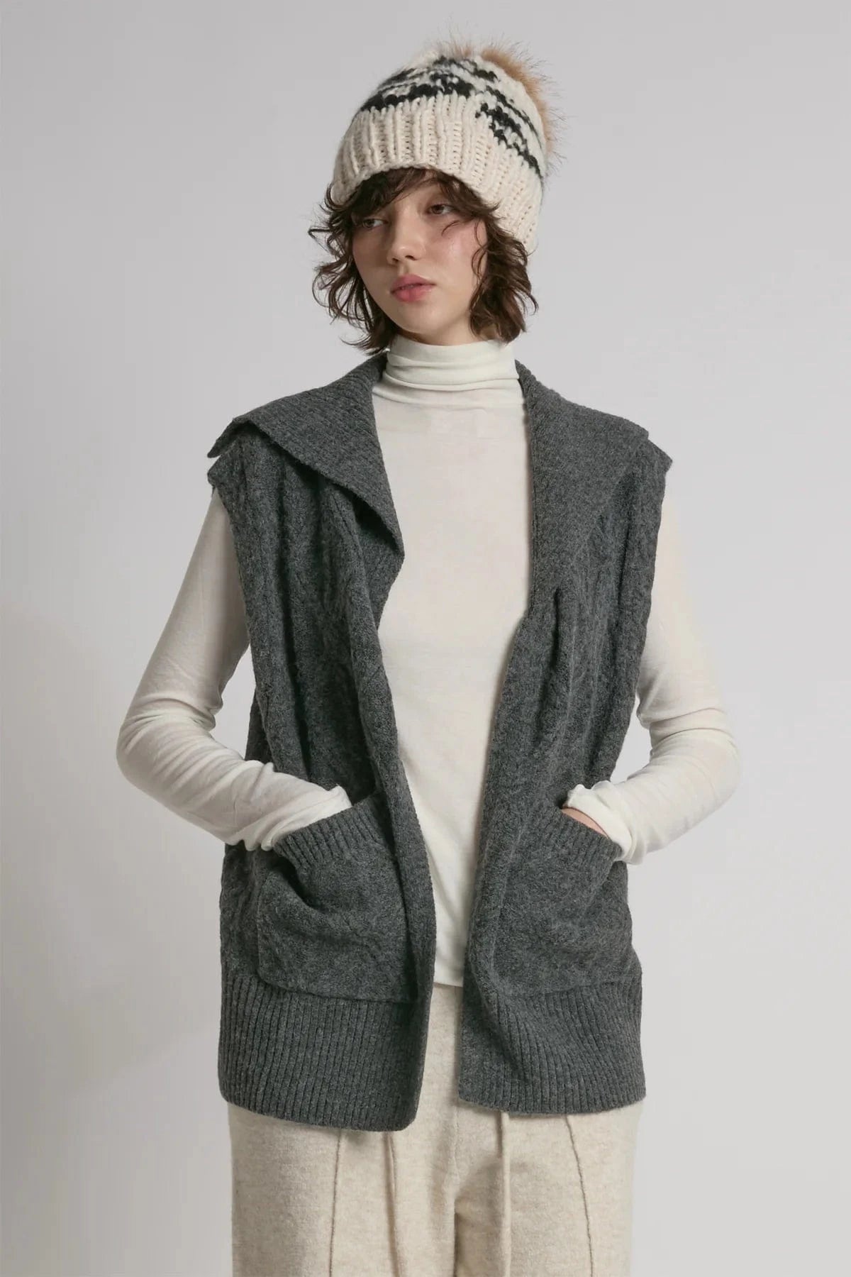 Look By M Sweater One Size Cable Knit Open Front Sweater Vest - Charcoal
