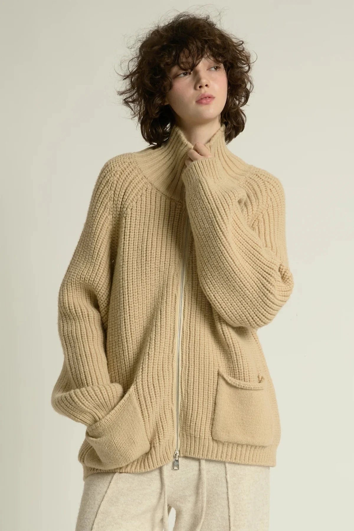 Look By M Sweater One Size Chunky Zip Cardigan Sweater - Tan